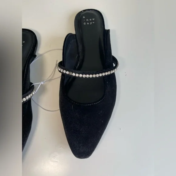 New A New Day Black Velvet Rhinestone Holiday NYE Party Dress Shoes Flats 7 - Picture 2 of 5